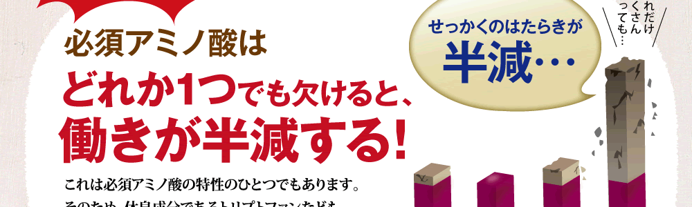 必須アミノ酸は一つでも欠けると働きが半減